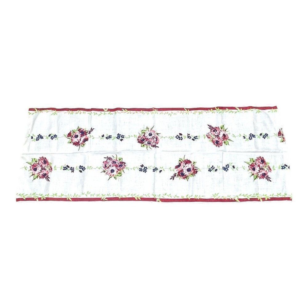 Vintage Table Runner 16” X 43” Printed Red And Blue Flowers Garland Cottagecore